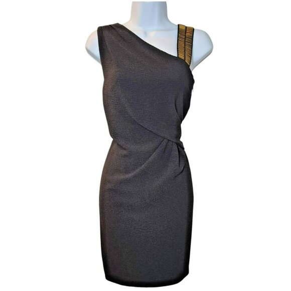 DKNYC Dress Size 6 Black Gold Beaded One Shoulder Cocktail Party Mini Excellent - Picture 10 of 10